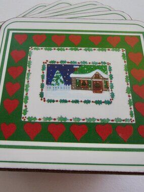 Pimpernel Cork Backed Christmas Coasters Set of 6 Hearts Holiday Cabin ENGLAND